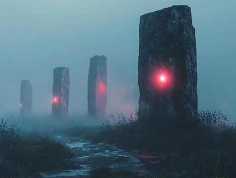 Mystical Standing Stones Enshrouded in Fog Radiating a Peculiar Red Light