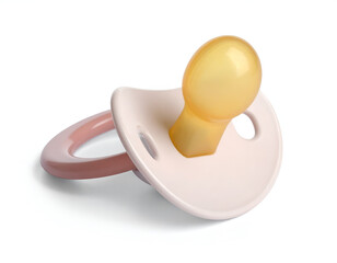 Light pink baby pacifier with a yellow nipple on white