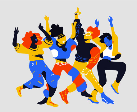 Four stylized figures in dynamic dance poses; bold contrasting colors. Geometric patterns on clothing; a light blue background that makes the colors pop.