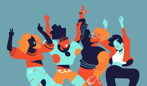 Four stylized figures in dynamic dance poses; bold contrasting colors. Geometric patterns on clothing; a light blue background that makes the colors pop.