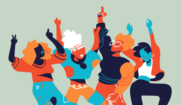 Four stylized figures in dynamic dance poses; bold contrasting colors. Geometric patterns on clothing; a light blue background that makes the colors pop.