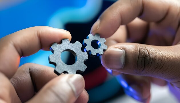 Two hands holding small metal gears, demonstrating mechanical principles.