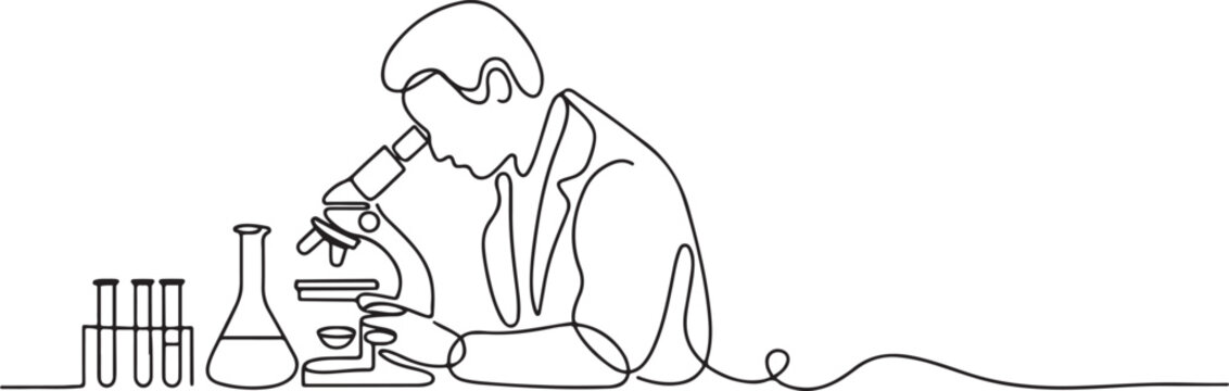 Continuous line design of the man doing lab testing. Decorative elements are drawn on a white background.one line vector icon illustration