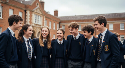 Fototapeta premium Group of Happy High School Students in Uniform Standing Together on Campus