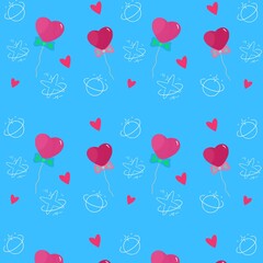 Pink Heart Balloon Seamless Pattern on Blue Background Cute Love Illustration