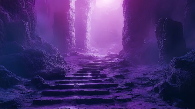 Ethereal purple canyon landscape with rocky steps leading into the hazy light