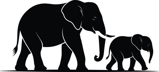 Elephant and baby elephant silhouettes walking together, wildlife animal family illustration, African elephant nature symbol, safari wildlife concept © Miss