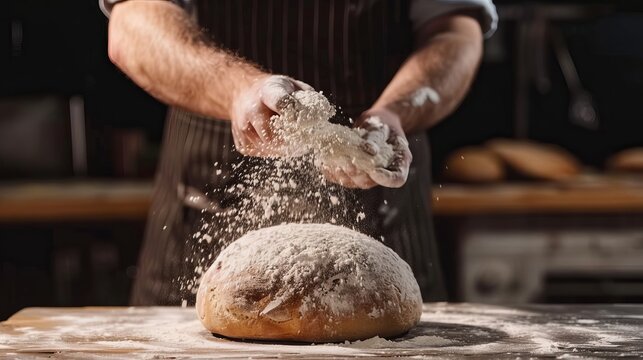 Artisan baker sprinkles flour on dough in slow motion at rustic bakery for homemade bread and pasta
