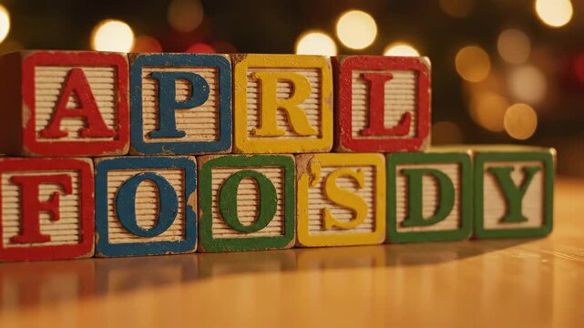 Wooden alphabet blocks spelling April Fool's Day with bokeh background