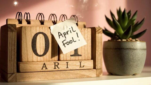 Wooden perpetual calendar showing April 1st with April Fool note