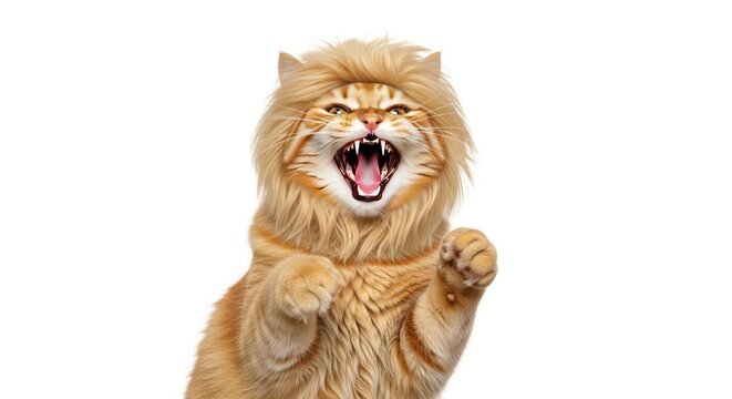 A fierce lion standing on its hind legs with mouth open