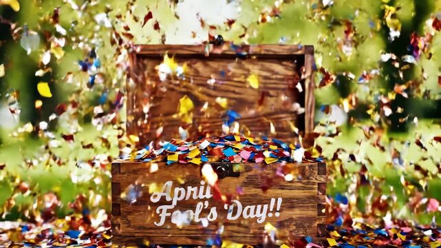 Wooden box with April Fool's Day text outdoors in nature