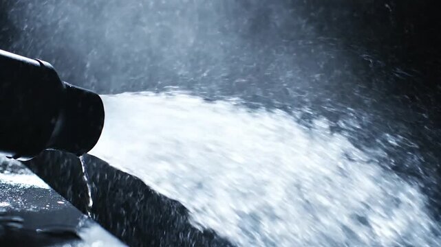 Water flows from a black pipe.