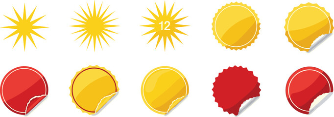 Colorful promotional stickers, badge designs, starburst labels, circular tags, curled corner graphics, marketing elements, sale icons, advertising visuals, branding materials