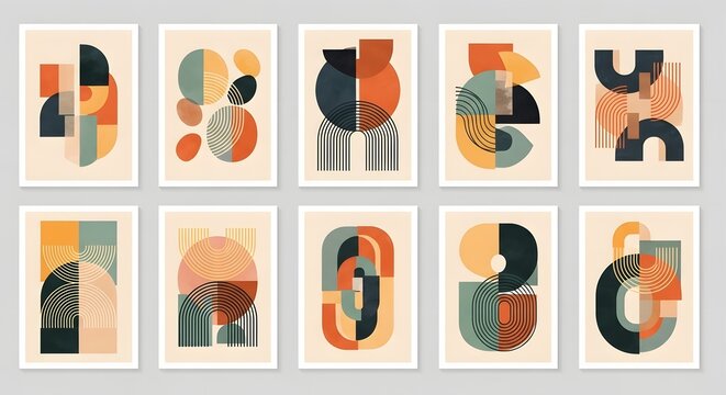 Collection of abstract geometric shapes in various colors displayed on a gray background in a 3x3 grid arrangement