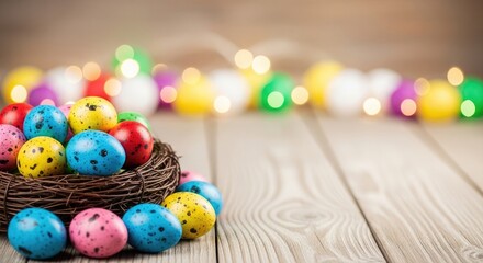 Easter eggs in a nest on a wooden table with colorful lights