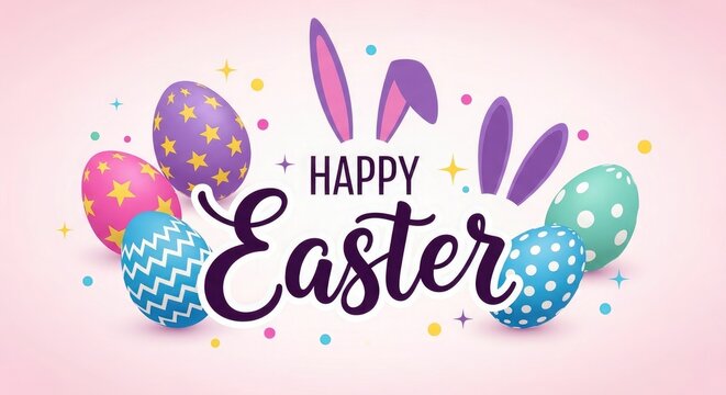 Happy easter greeting with colorful eggs and confetti