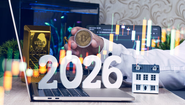Future investment concept for 2026 with Bitcoin, gold bar, house model, and stock charts symbolizing market trends and opportunities.