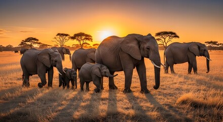 Fototapeta premium Elephant herd roaming freely at sunset