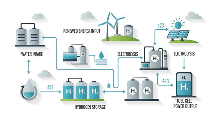 A vector graphic illustrating the process of hydrogen fuel cell power generation using renewable energy sources