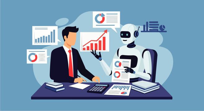 Flat vector illustration of AI robot and businessman working together analyzing business data on a desk. Collaboration between humans and AI in modern business analytics.
