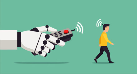 Flat vector illustration depicting a walking male cartoon character, appearing as a robot remotely controlled by an AI humanoid robot. Suitable for control and intimidation by artificial intelligence.