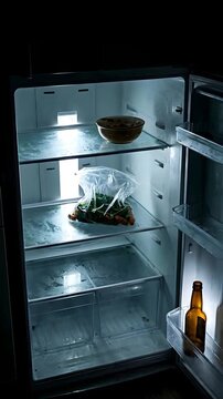 An Empty Refrigerator with a Bag of Vegetables and a Single Bottle of Beer on a Wooden Floor in Dramatic Lighting