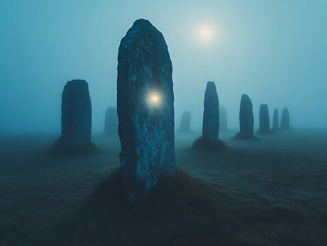 Mystical stone formations shrouded in dense fog under an ethereal light
