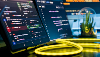 Close-Up Code Editor Screen with Neon Yellow Cable Light and Modern Developer Workspace Background