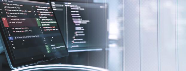 Futuristic Programming Workspace with Code Screens and Transparent UI Overlay Background