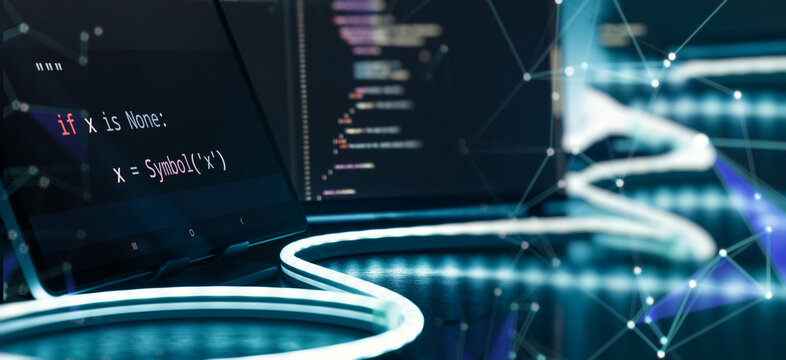 Futuristic AI Coding Workspace with Python Code on Screen, Neon Desk Lighting and Digital Network Overlay