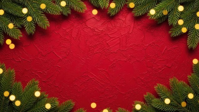 Holiday evergreen border on red background
