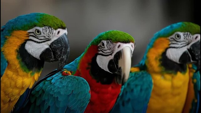 Three colorful parrots posing together in a close-up shot.