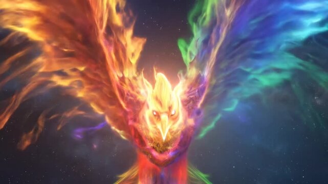 Animated phoenix spreading colorful wings against dark backdrop