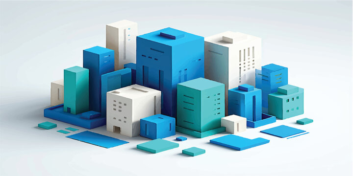 An isometric 3d render of an urban city skyline featuring a modern skyscraper architecture design and green estate buildings on a vector map plan