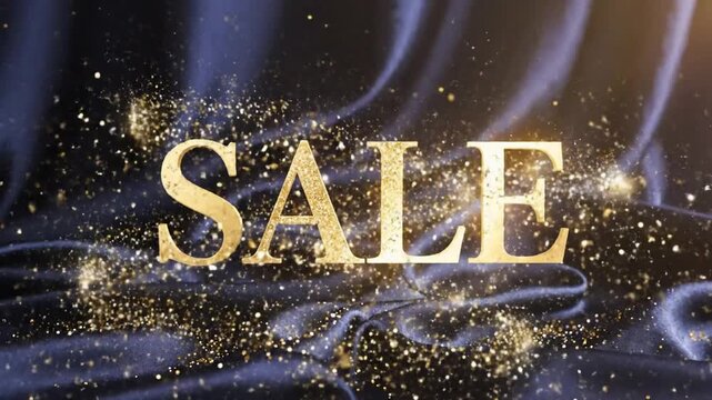 Shimmering Golden SALE Text Animated with Glittering Particles on Luxurious Dark Blue Silk Fabric