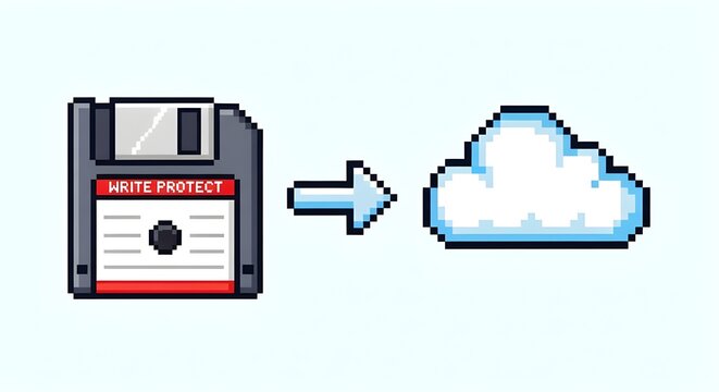 Pixel art floppy disk with arrow pointing to cloud icon symbolizing data backup and digital storage migration from legacy hardware to modern cloud services on light blue background for technology