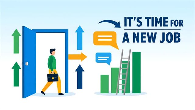 Professional man walking through open door to new job career opportunity success growth vector illustration