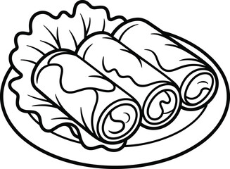 Obraz premium Black and white line of three rolled up burritos on a plate with lettuce line rolled up food