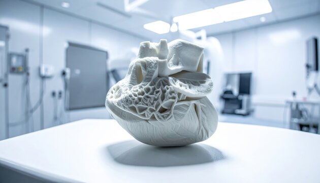 Intricate 3D printed heart model for medical applications showcasing biocompatible material and advanced technology