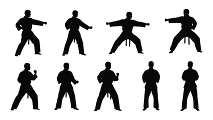 Nine black silhouettes of men performing various karate stances and movements © SILHUETTECHEMBER