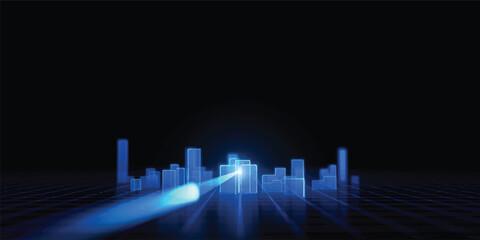 Fototapeta premium A blue vector illustration of a stock market graph and growth chart set against a finance city skyline with night skyscrapers and urban architecture