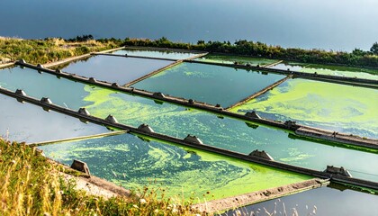 Extensive outdoor algae farms cultivating nutrient-rich biomass for sustainable protein production