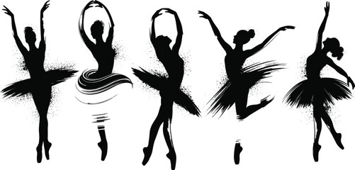 Five black silhouette ballerinas in dynamic dance poses with flowing tutus and expressive movements © Icons World