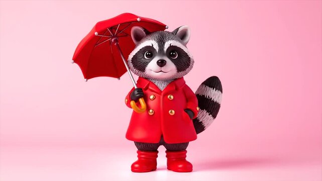 Cute raccoon plush toy holding red umbrella in pink background isolated 3d render