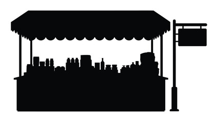 A black silhouette of a market stall with a city skyline © SILHUETTECHEMBER