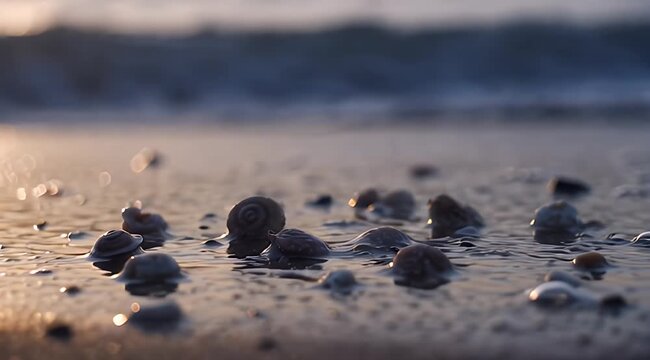 Tiny shell emerges from water's surface at sunrise
