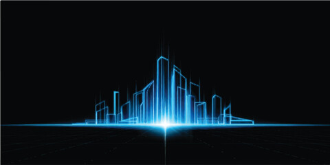 Naklejka premium A professional abstract blue wave background featuring a vector technology design with a financial growth bar chart and digital sound equalizer for a business market data report