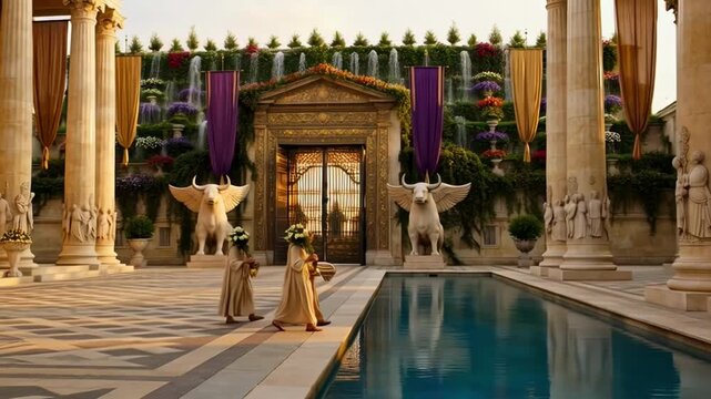 Three robed figures walking in a grand classical palace courtyard with a long reflective pool at golden hour, for an ancient ritual concept and historical luxury.