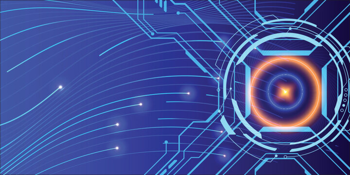 Futuristic blue circuit board with glowing orange HUD portal, abstract digital technology background for AI, data flow and global network